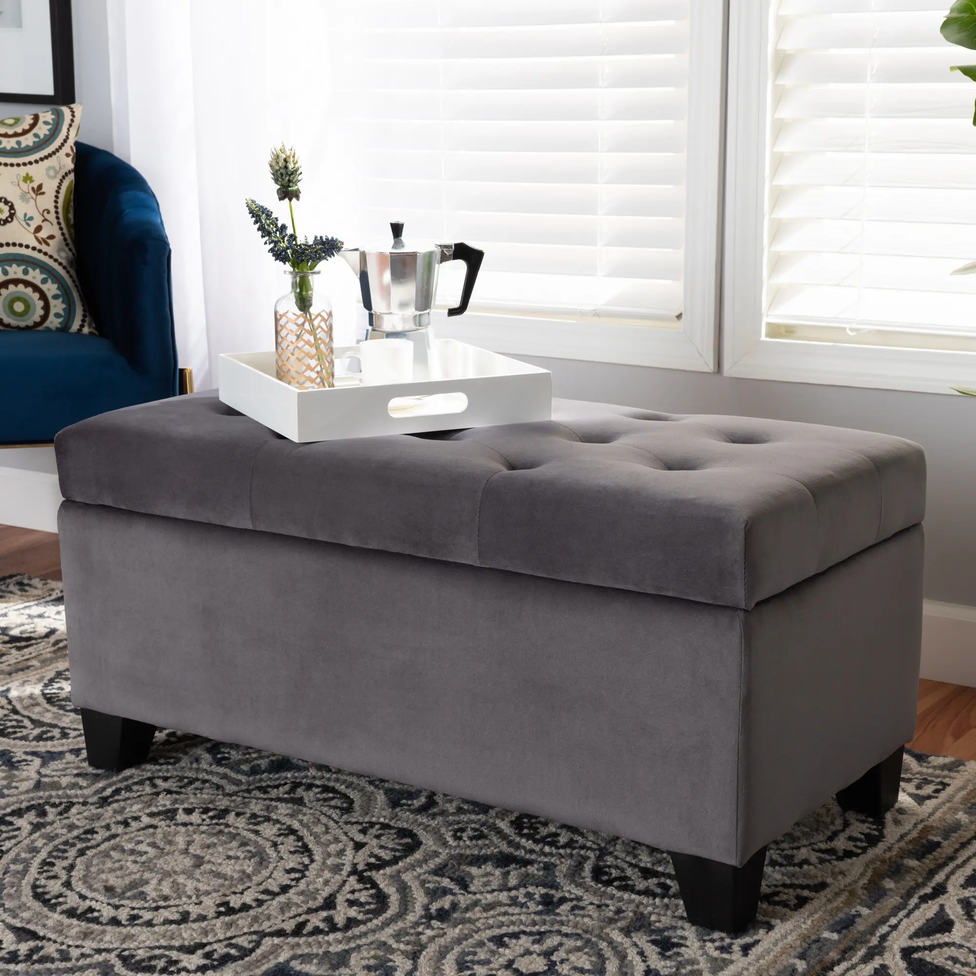 Contemporary Gray Velvet Upholstered Storage Ottoman - Vonda