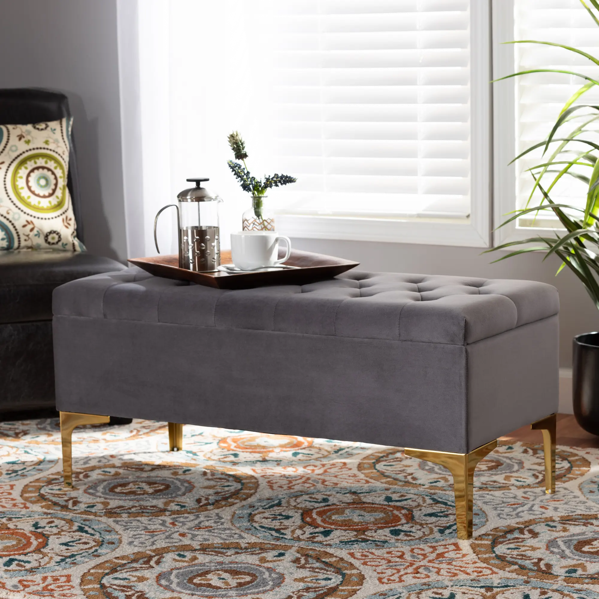 Glam Gray Velvet Upholstered Storage Ottoman - Gorden