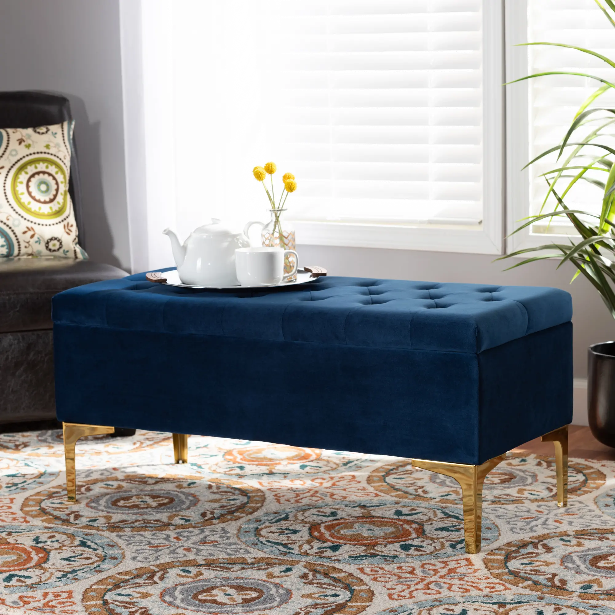Glam Navy Blue Velvet Upholstered Storage Ottoman - Gorden