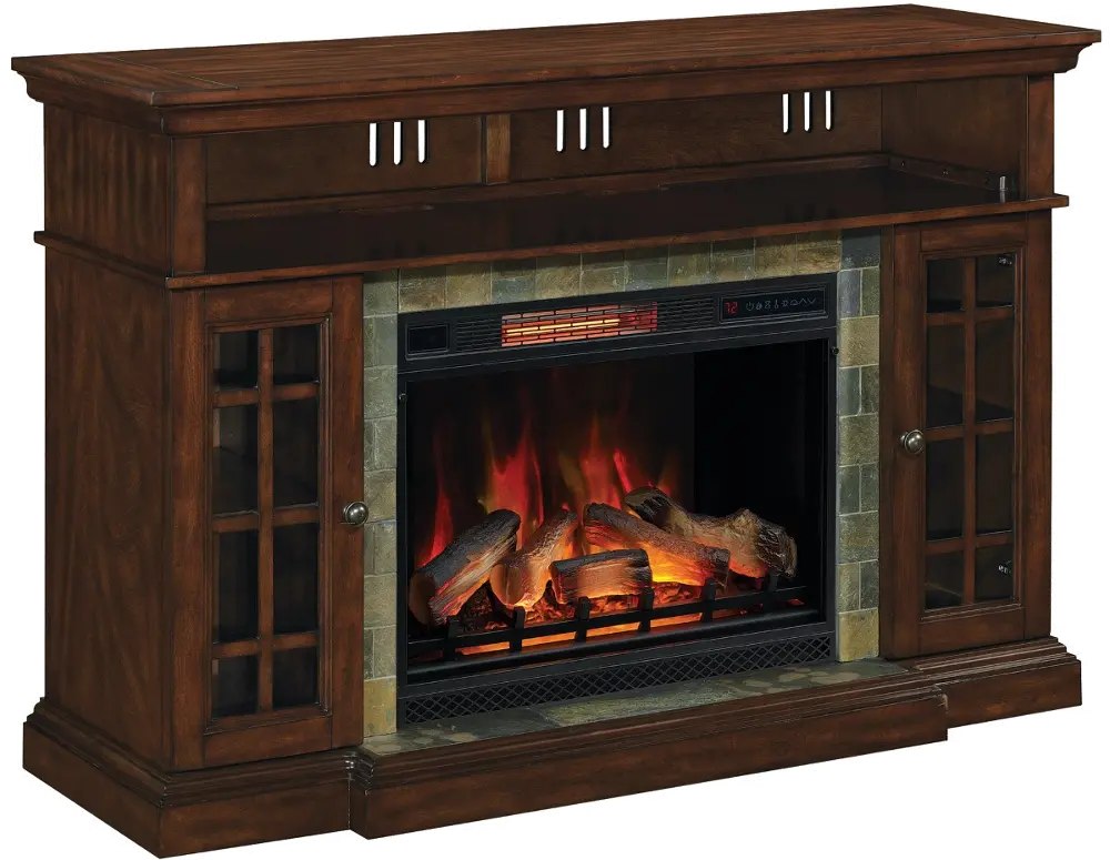 Cherry Brown Fireplace TV Stand with Slate Inlay - Lakeland-1