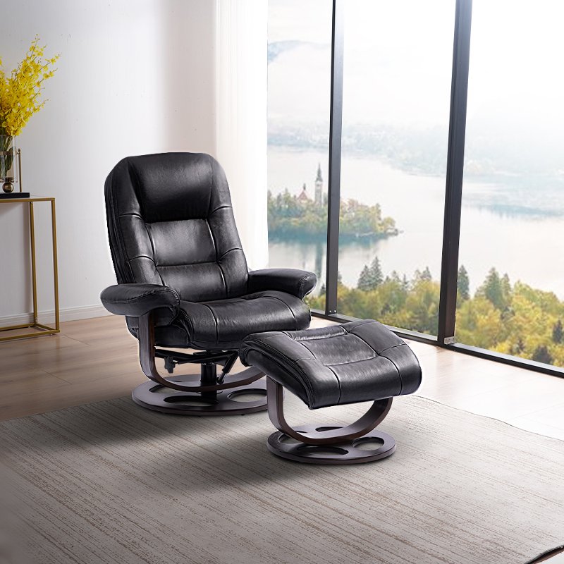 Wasatch Black Leather Swivel Recliner, Reclining Leather Swivel Chair With Ottoman