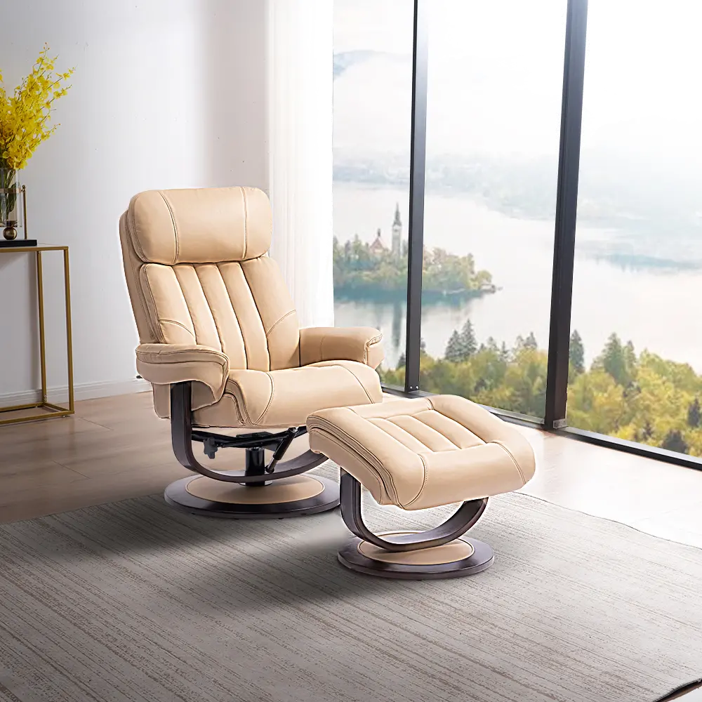 Moab Ivory Leather Pedestal Recliner with Matching Ottoman-1