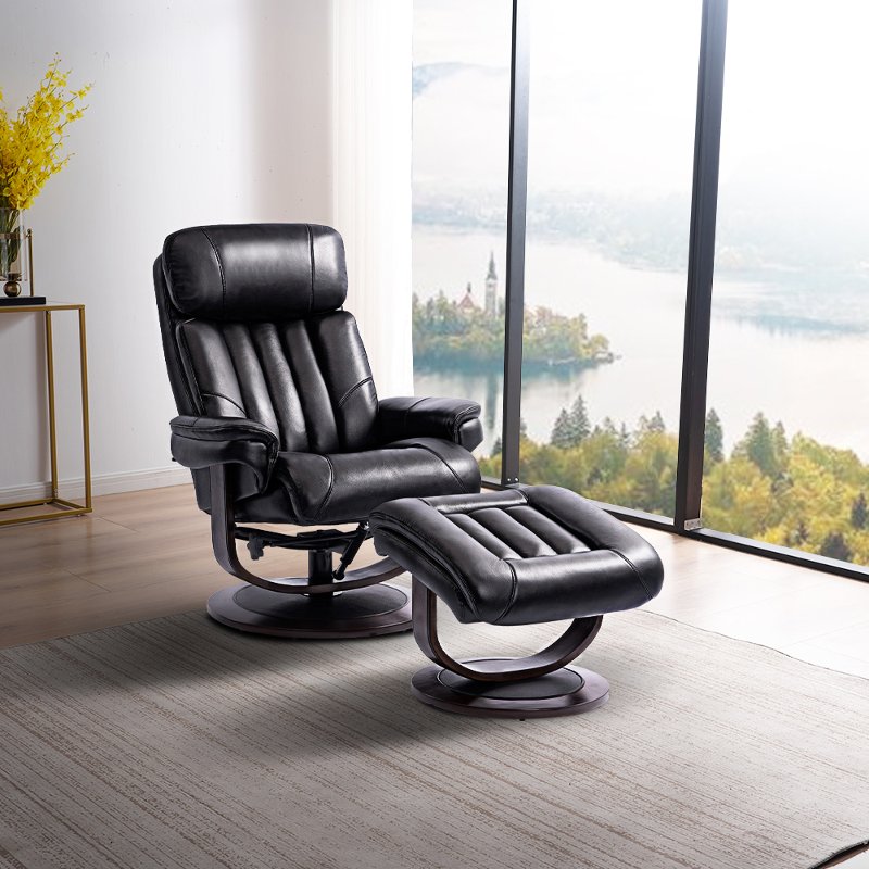 Black Leather Pedestal Recliner With, Black Leather Recliner With Ottoman