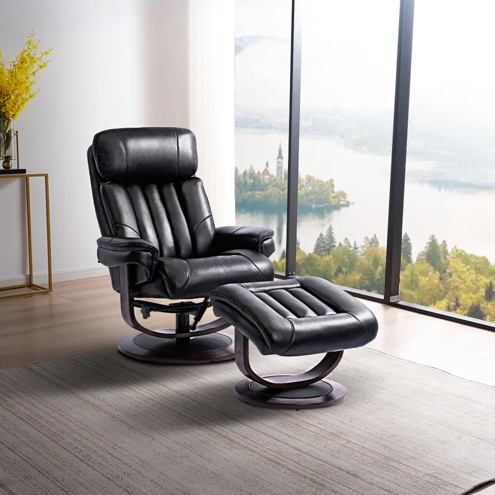 Moab Black Leather Pedestal Recliner with Matching Ottoman