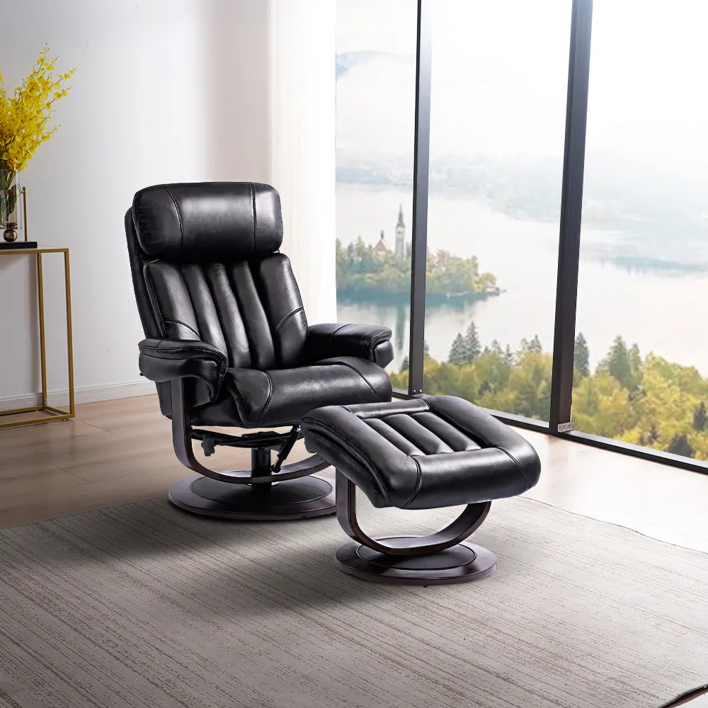Moab Black Leather Pedestal Recliner with Matching Ottoman-1