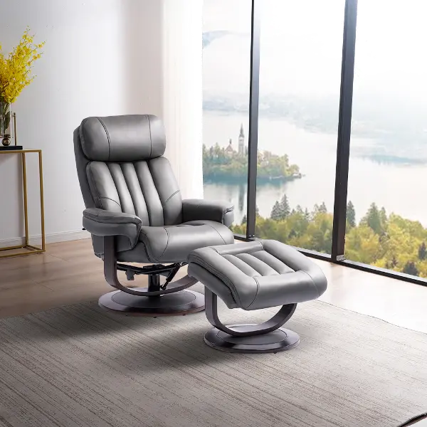 Moab Gray Leather Pedestal Recliner, Gray Leather Chair With Ottoman