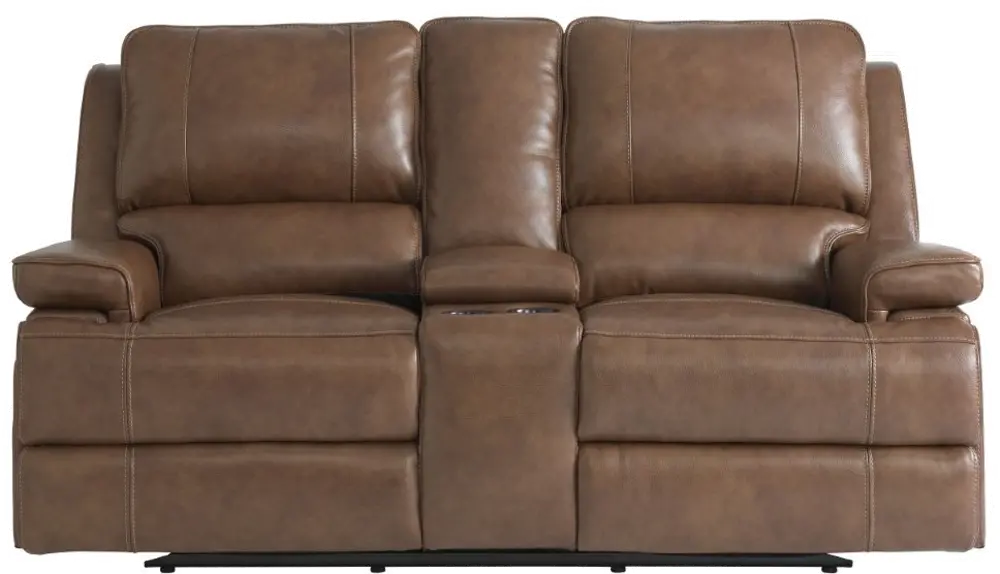 Parker Umber Brown Leather Power Reclining Love Seat with Console-1