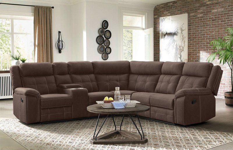 Brown 3 Piece Reclining Sectional With, Leather Reclining Sectional With Console