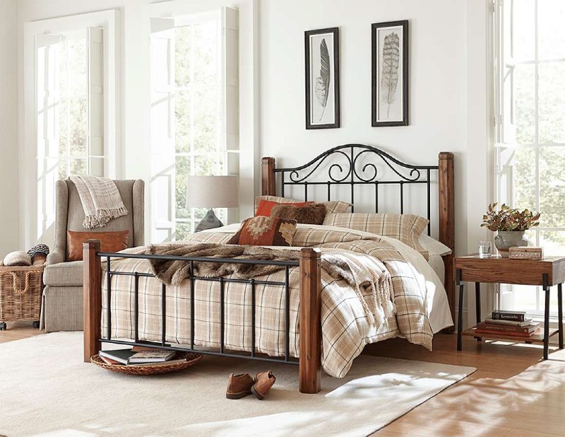 Brown Wood And Black King Metal Bed, King Steel Bed Frame