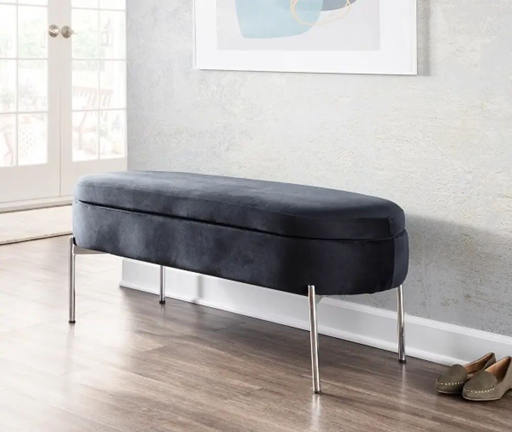 BC-CHLOE STOR VBK Glam Black Velvet Storage Bench with Chrome Base - Chloe-2