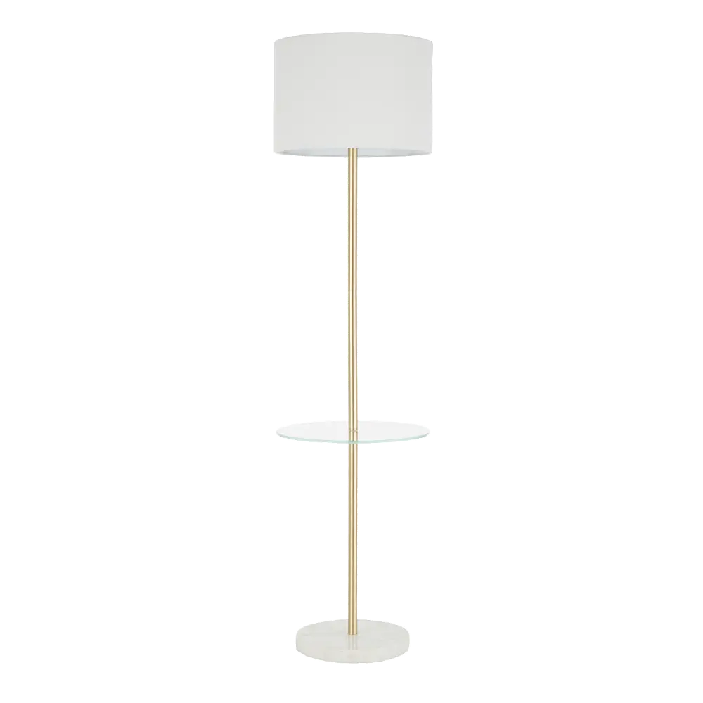 LS-CHLOE WMB AUW Contemporary Gold Metal Floor Lamp with Glass Shelf and White Marble Base-1