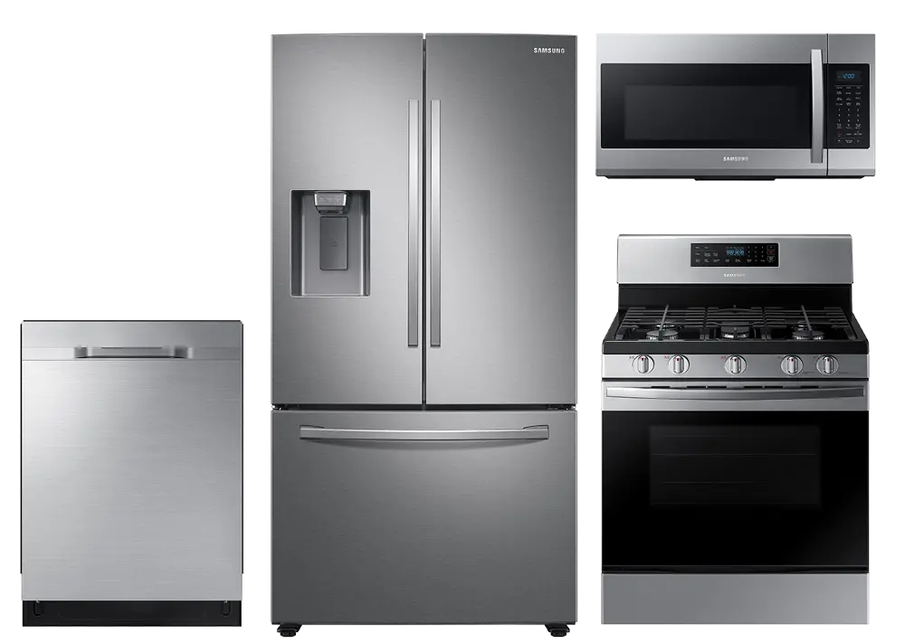 KIT Samsung 4 Piece Gas Kitchen Appliance Package with French Door Refrigerator and Gas Range - Stainless Steel-1
