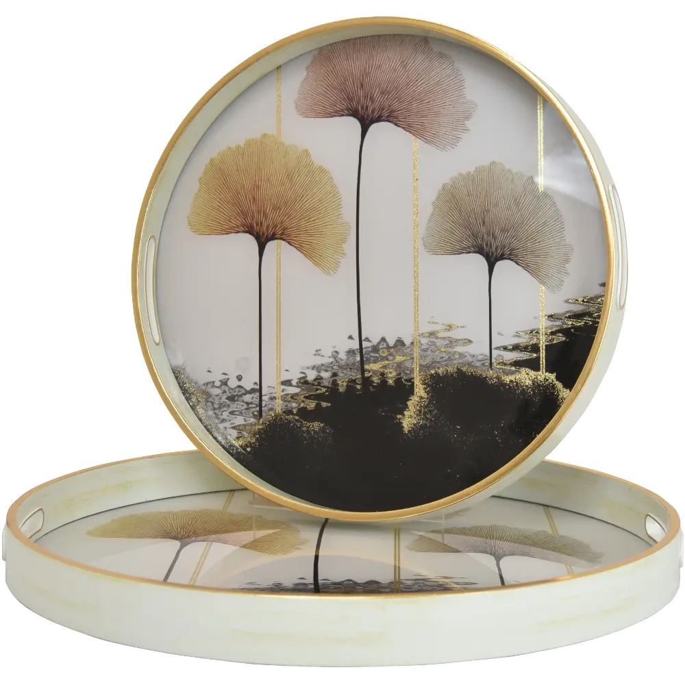 14 Inch Round White, Gold and Burgundy Fan Brush Tray-1