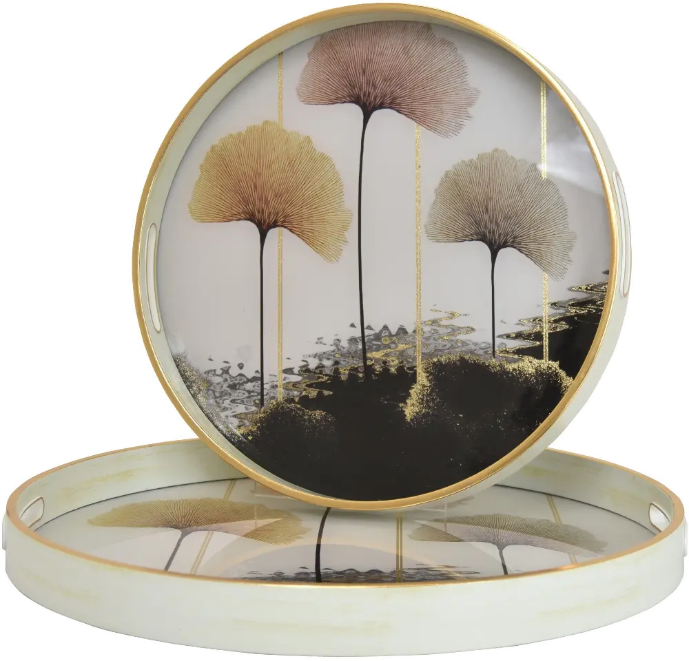 14  Round White, Gold and Burgundy Fan Brush Tray-1