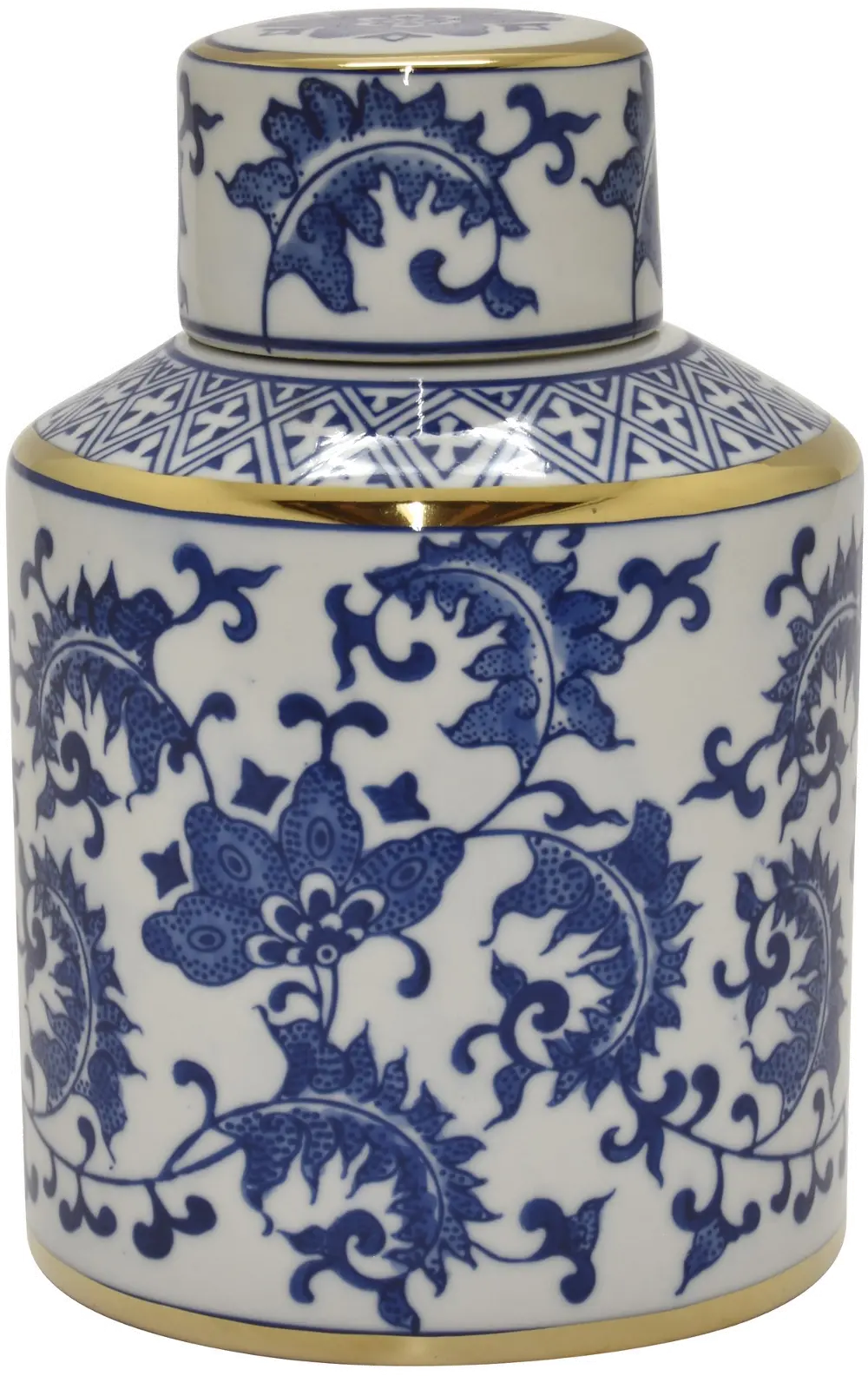 7 Inch Blue and White Jar with Gold Accents-1