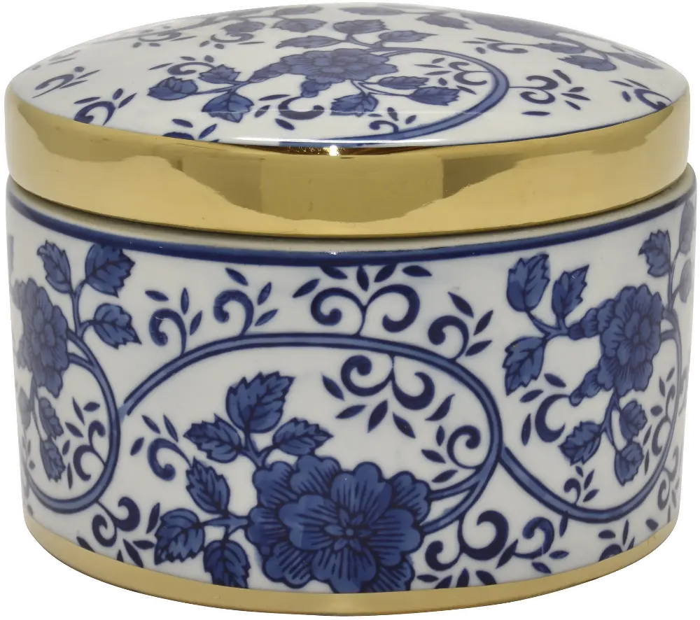 Blue and White Round Box with Gold Accents-1