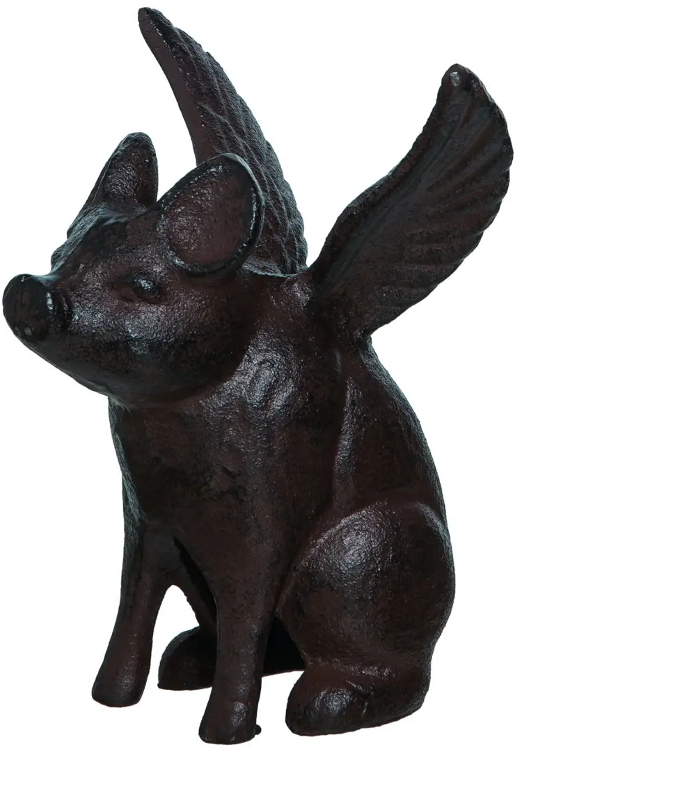 Dark Brown Cast Iron Flying Pig Sculpture-1