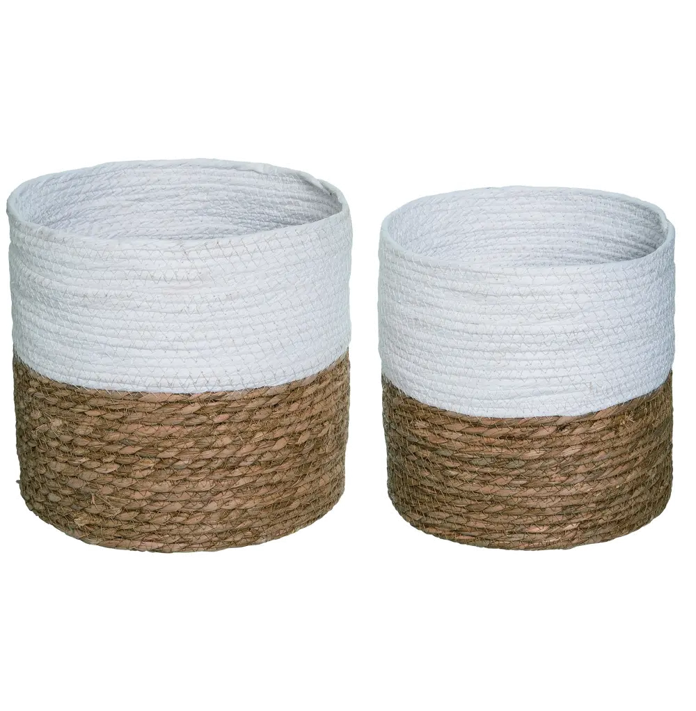 8 Inch Grass White and Brown Color Block Basket-1