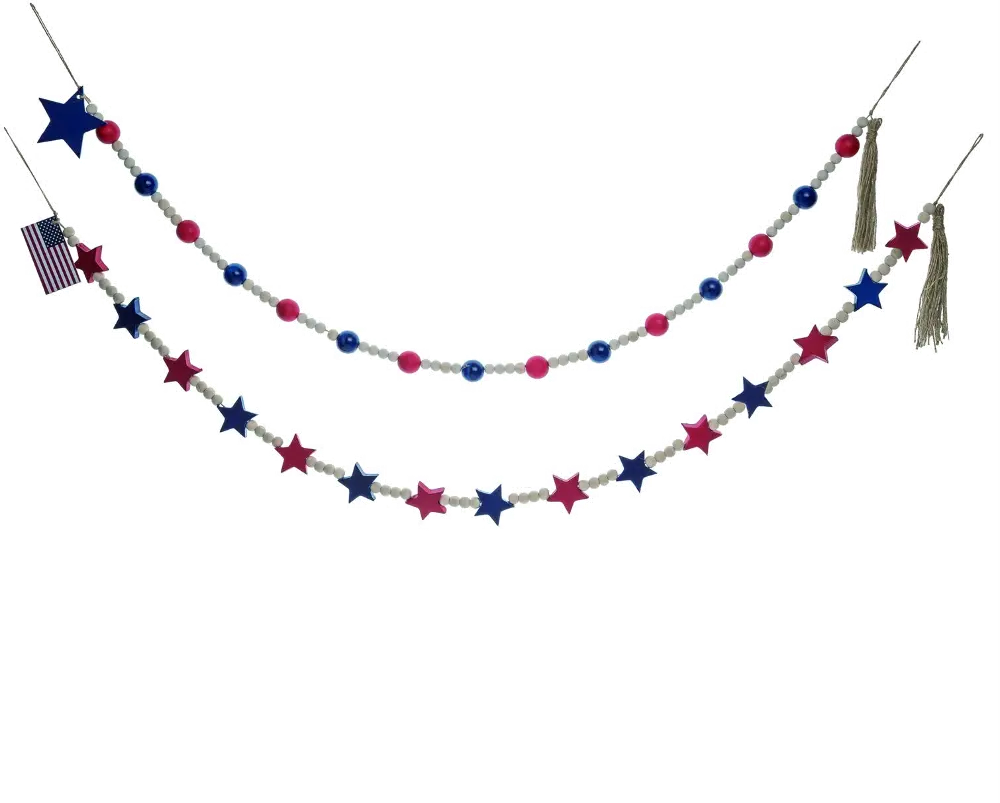 Assorted Red, White and Blue Wood Patriotic Bead Garland-1