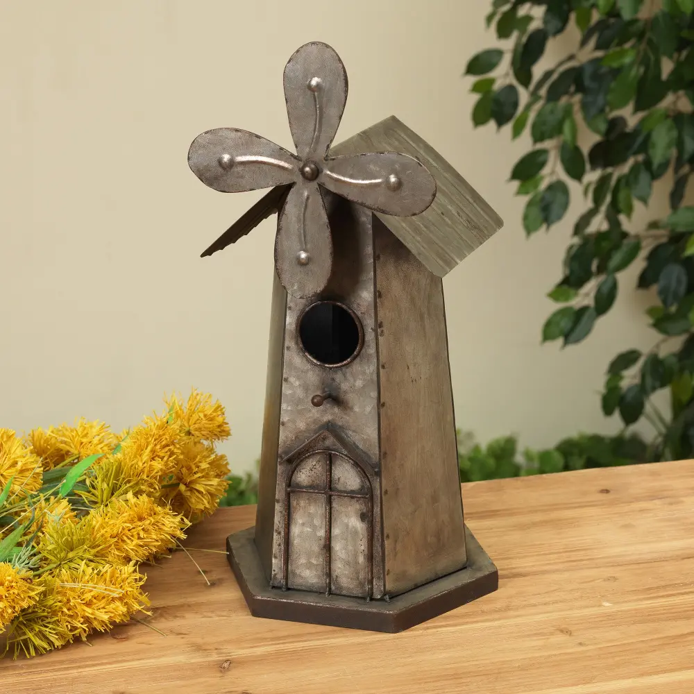 15 Inch Antique Metal Birdhouse with Wind Spinner-1