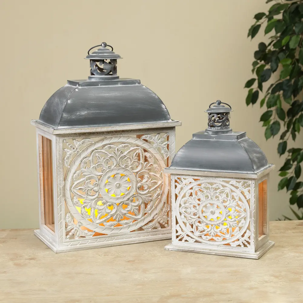 18 Inch Metal and Wood Carved Open Lantern-1