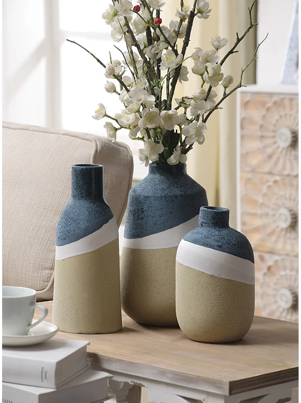 10.25 Inch Sand, White and Blue Ceramic Decorative Bottle-1