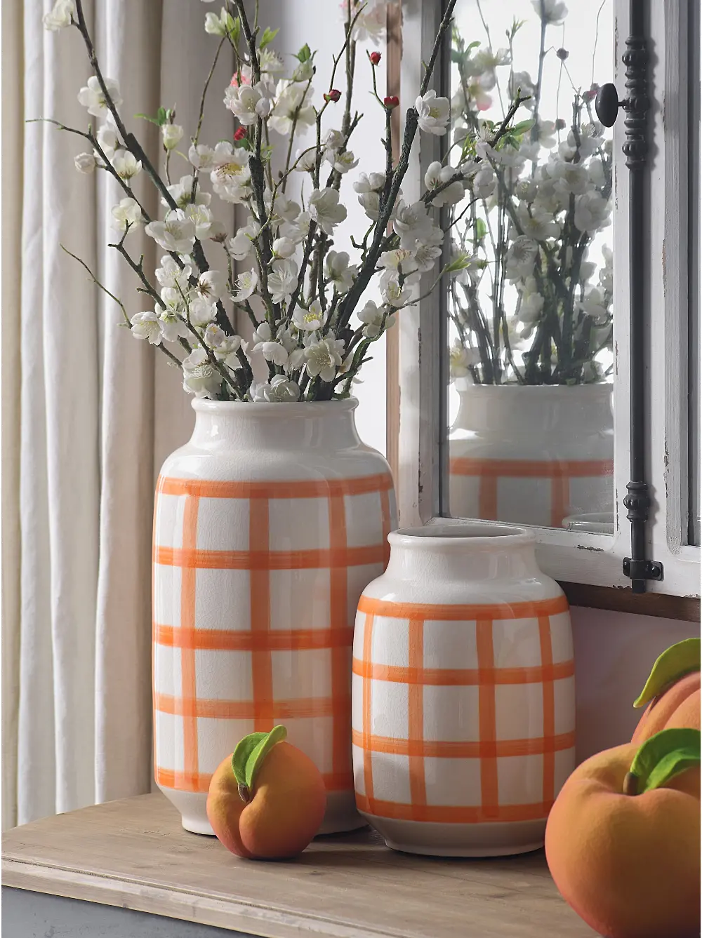 14 Inch Orange on Cream Gingham Check Ceramic Vase-1
