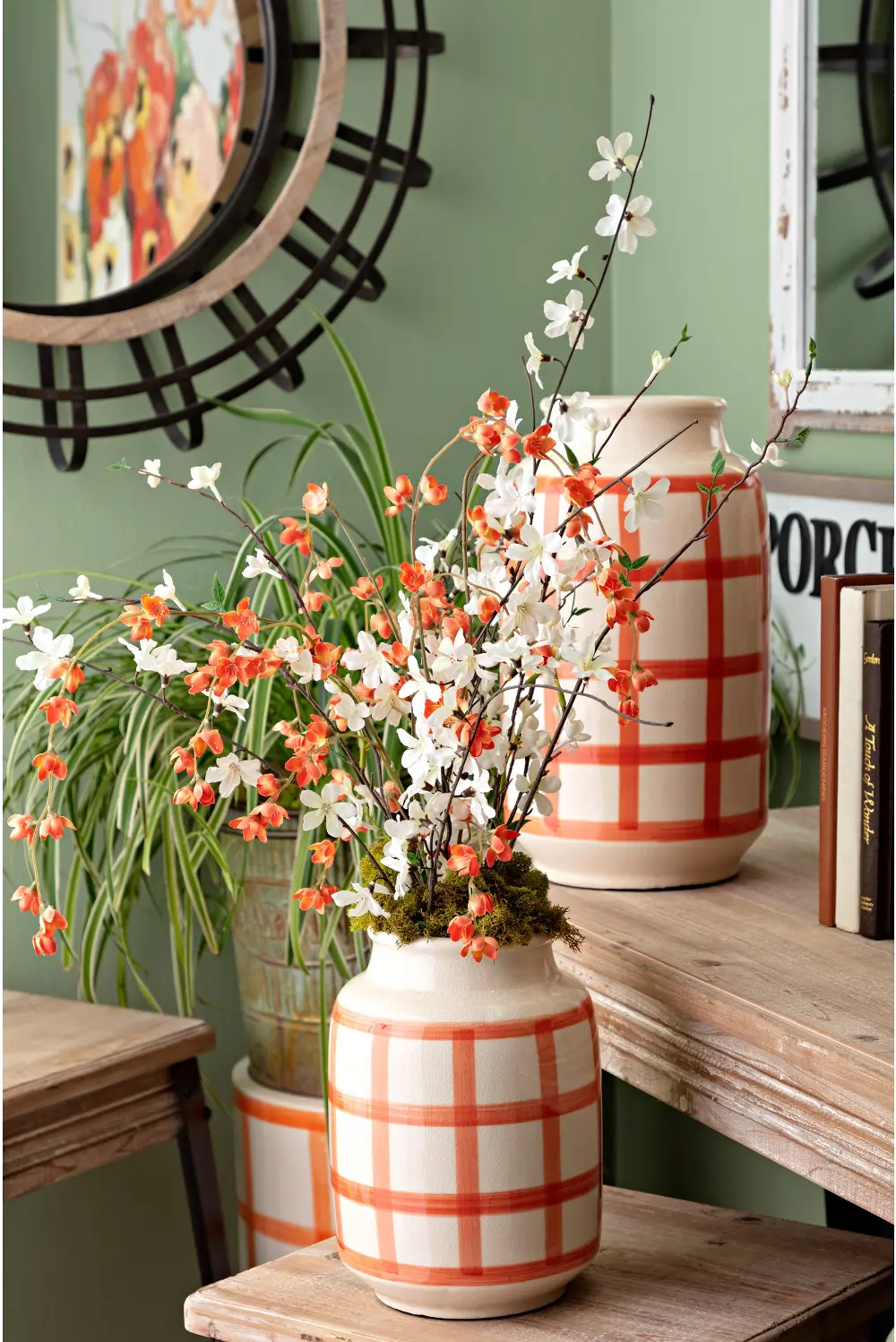 10 Inch Orange on Cream Gingham Check Ceramic Vase-1