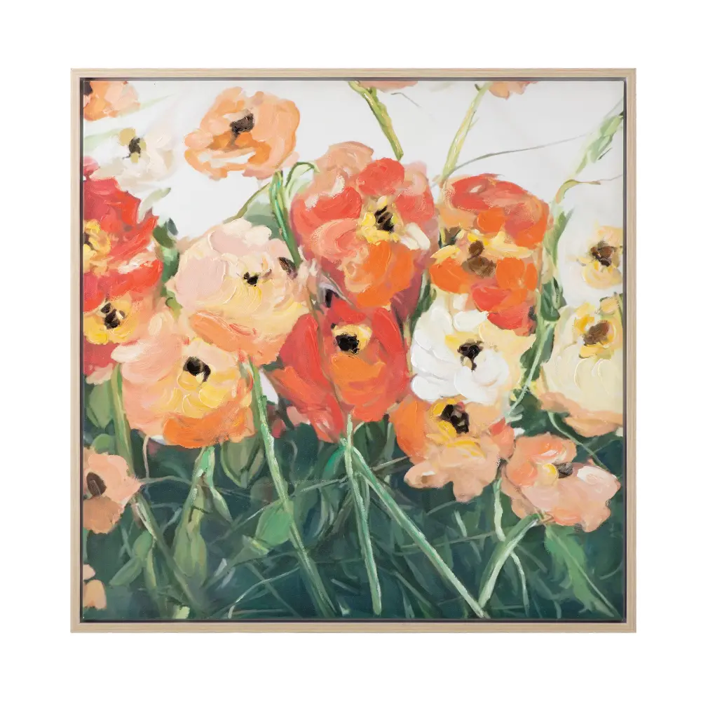 Orange, Yellow, White, and Green Floral Acrylic on Canvas Framed-1