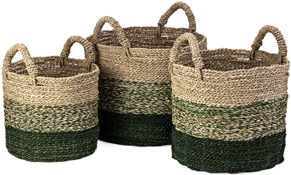 16 Inch Green and Light Brown Seagrass Basket with Handles-1