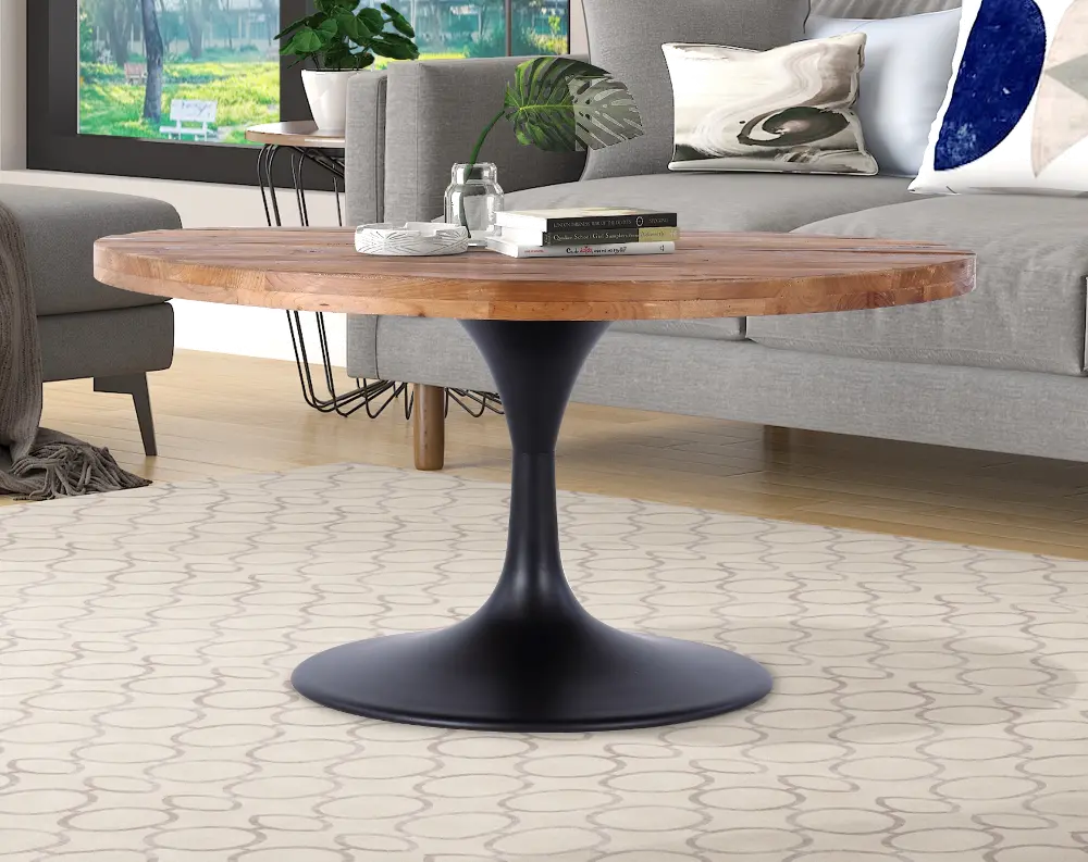 Brown Round Reclaimed Wood and Metal Pedestal Coffee Table - Gideon-1