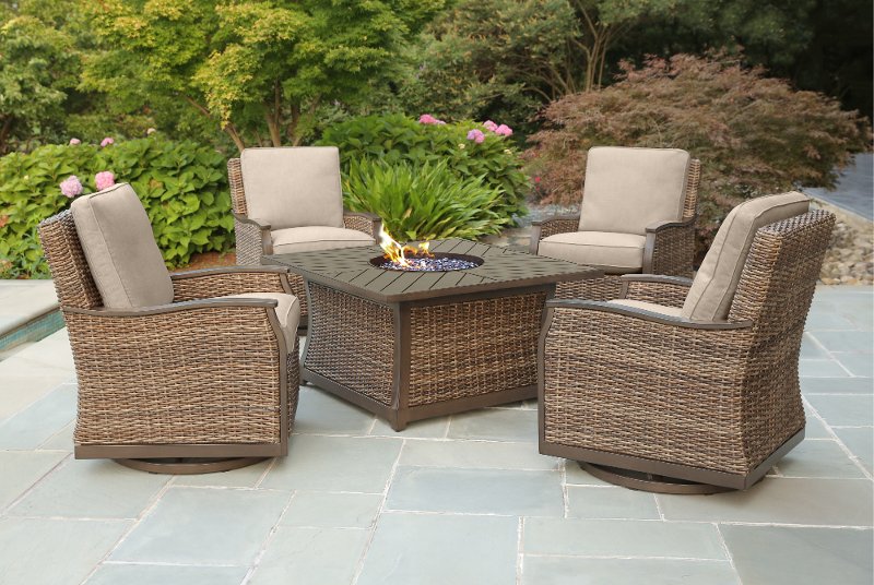 Wicker Style 5 Piece Patio Fire Pit Set, Outdoor Furniture With Sunbrella Fabric