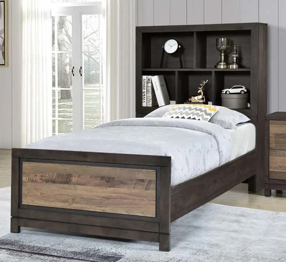 Rustic Brown Twin Bookcase Bed - Harrison-1