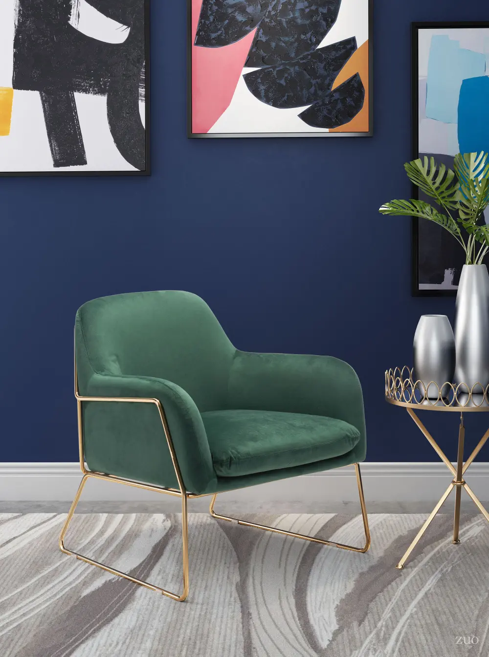 Modern Upholstered Green Arm Chair with Gold Frame-1