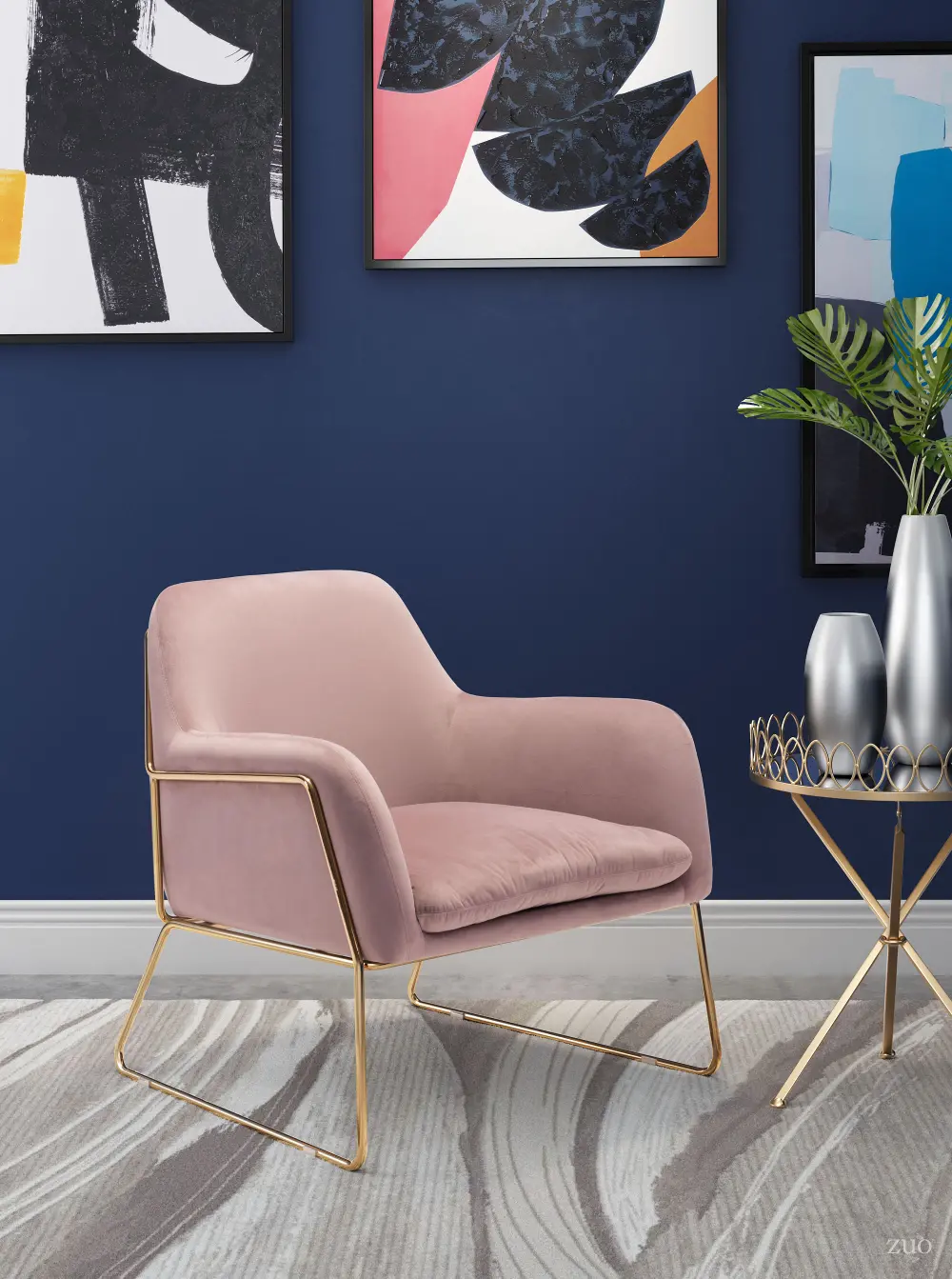 Modern Upholstered Pink Arm Chair with Gold Frame-1