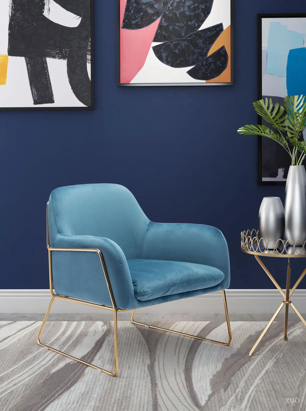Modern Upholstered Blue Arm Chair with Gold Frame-1