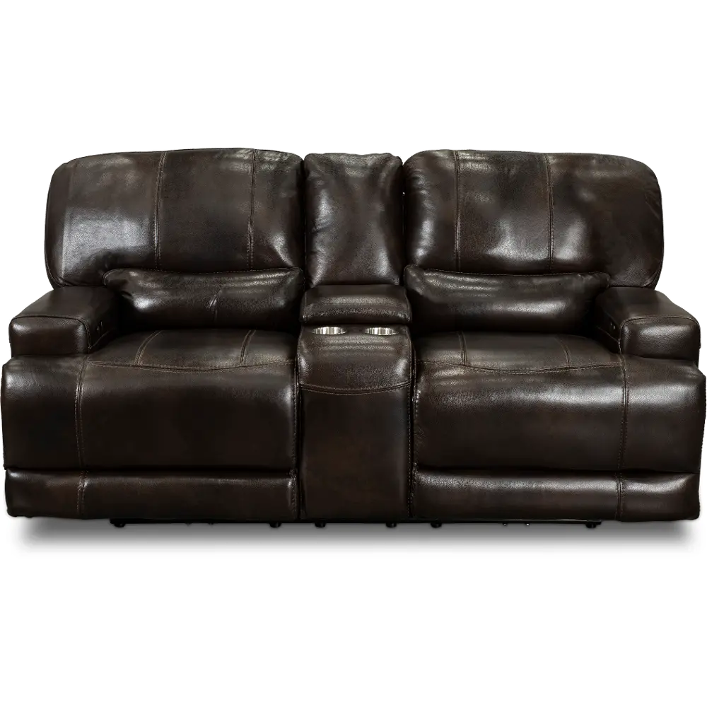 Omega Brown Leather Power Reclining Loveseat with Console-1