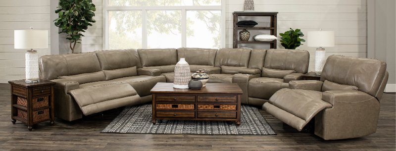Omega Taupe Leather 3 Piece Power, Taupe Leather Sectional