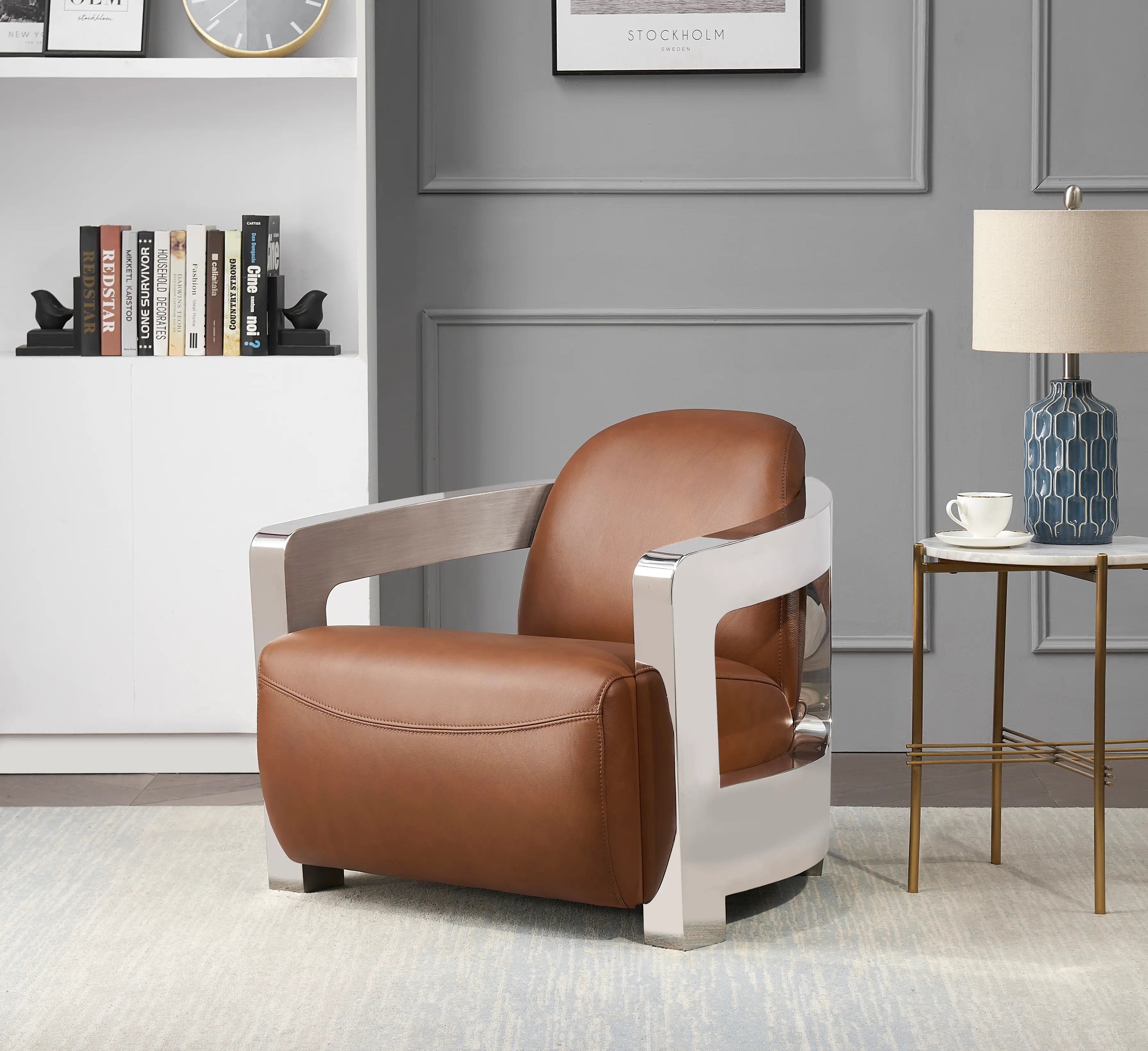 Pacer Brown Leather and Chrome Accent Chair - Amax Leather