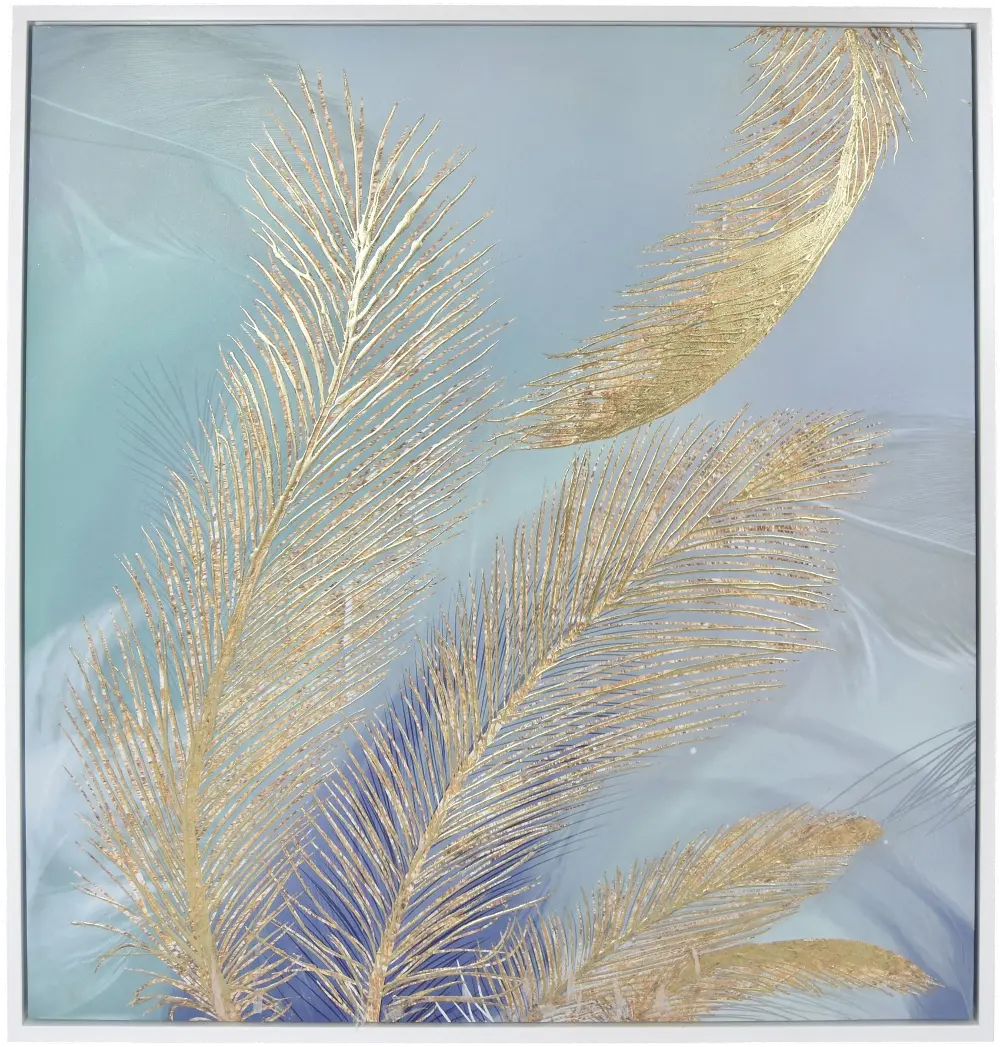 Gold Feather on Blue Background Framed Oil on Canvas Wall Art-1
