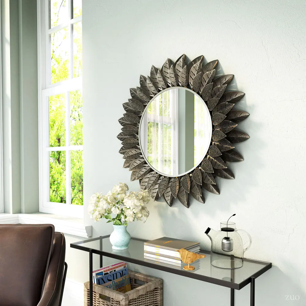 Contemporary Round Black Wall Mirror - Leaf-1