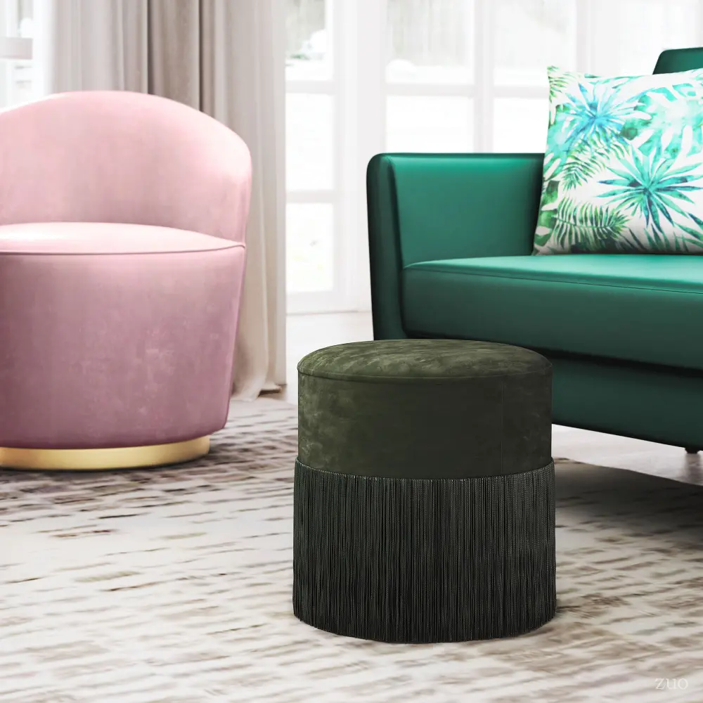 Boho Chic Forest Green Round Ottoman with Fringe - Colmar-1