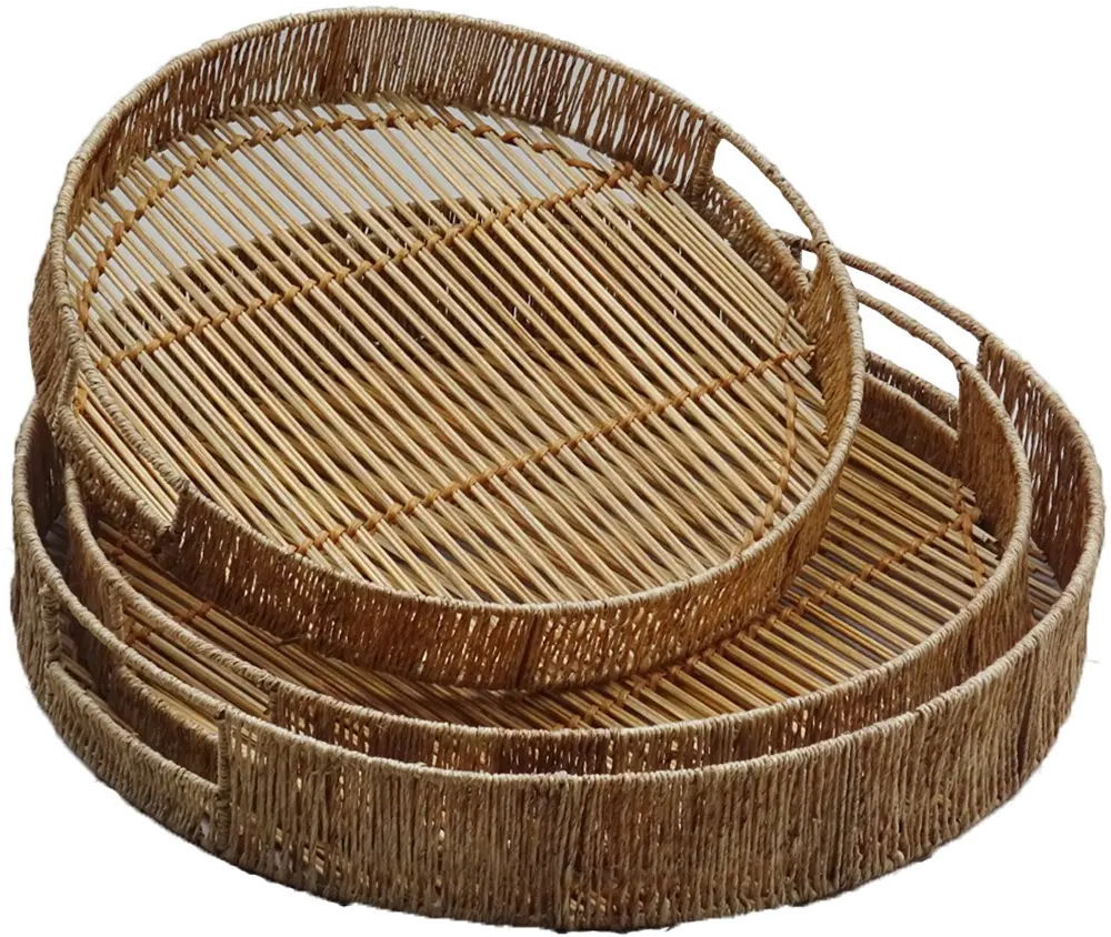 17 Inch Brown Round Rattan Tray with Cut Out Handles-1
