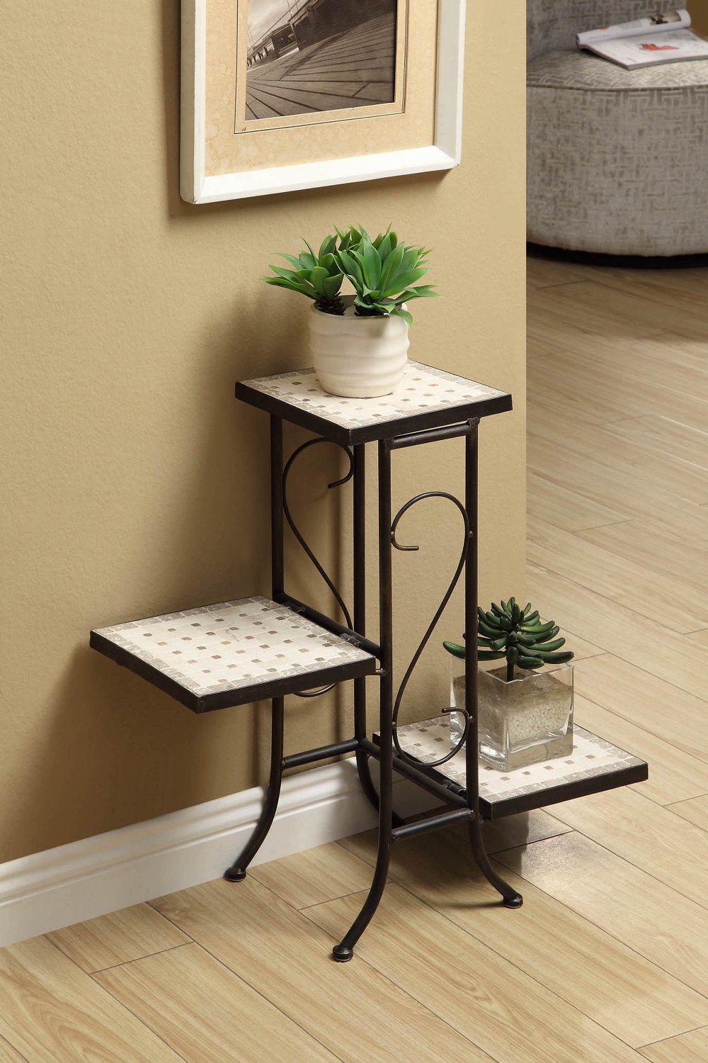 112176909 Travertine Metal and Stone 3 Tier Plant Stand sku 112176909