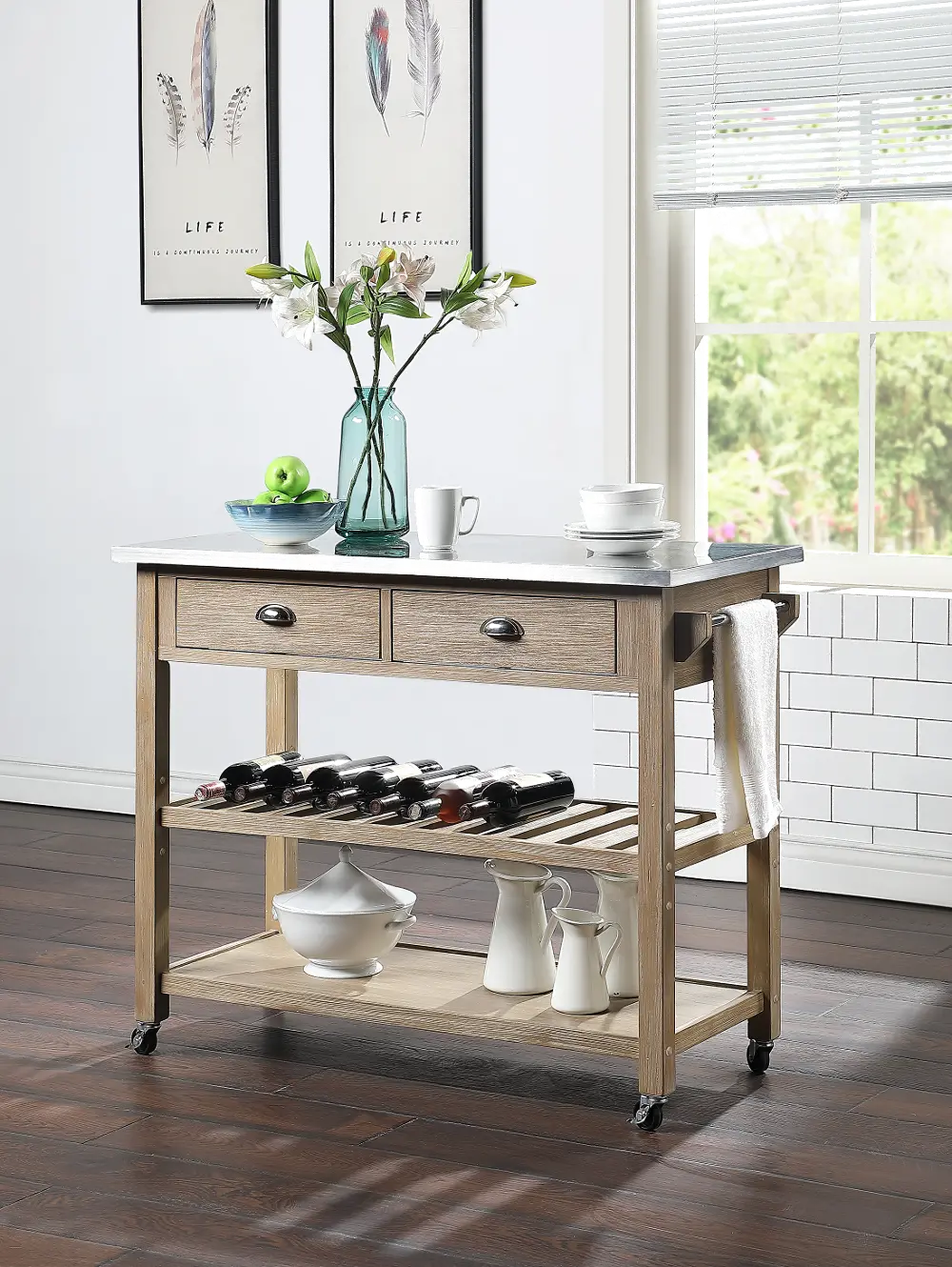 Wood Kitchen Cart with Metal Top - Alex-1