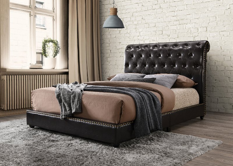 Traditional Dark Brown Upholstered, Fabric Queen Bed Frame