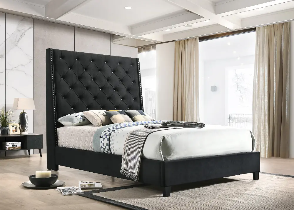 Contemporary Black Velvet Queen Upholstered Bed - Chantilly-1