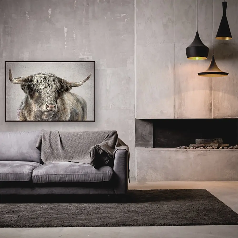 Kyloe Bull Hand Embellished Canvas Wall Art in Floater Frame-1
