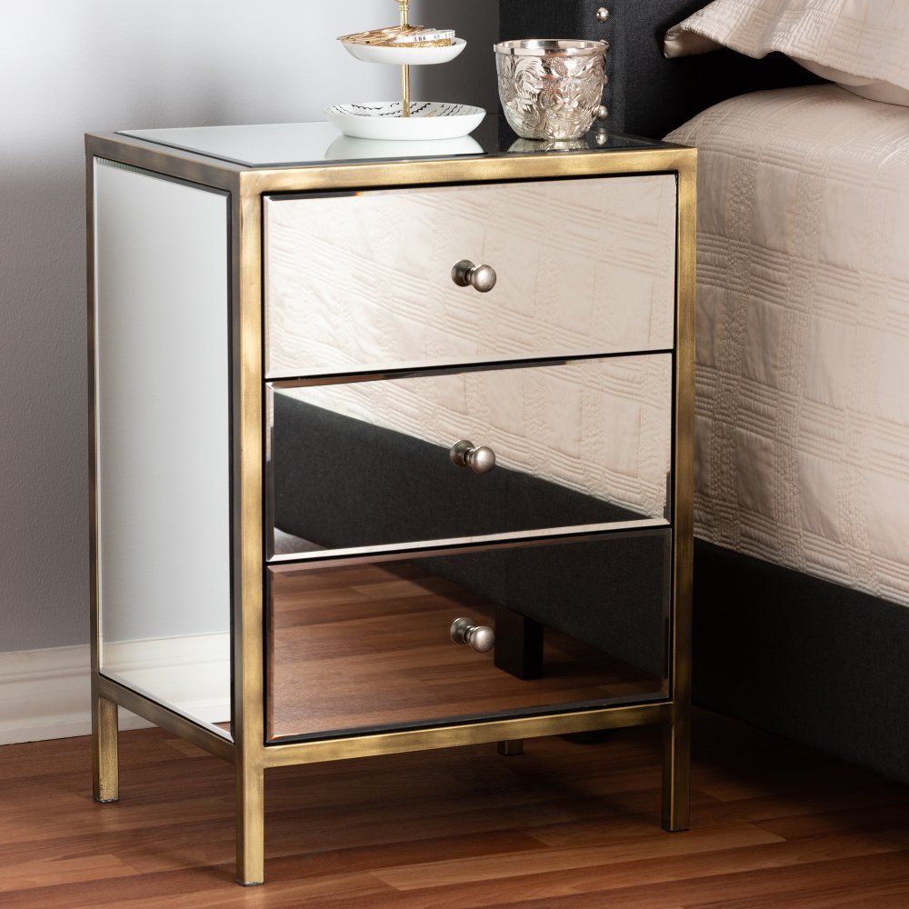 Contemporary Mirrored and Brass Nightstand - Dreda