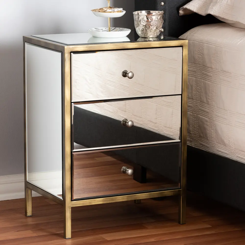 150-9055-RCW Contemporary Mirrored and Brass Nightstand - Dreda-2